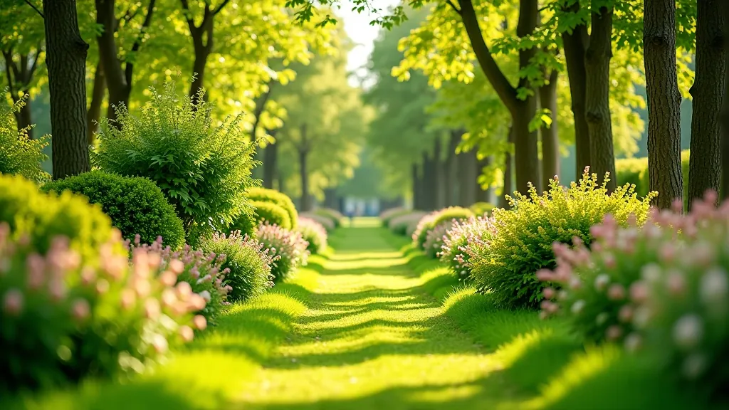 Detalizēts parks, zaļi krūmi un koki dažādiem sezoniem, skaists apgaismojums