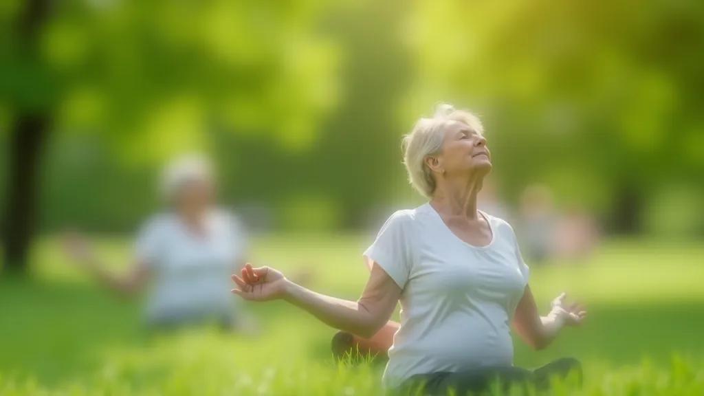 Seniori veic dīhingu un elpošanas vingrinājumus parkā