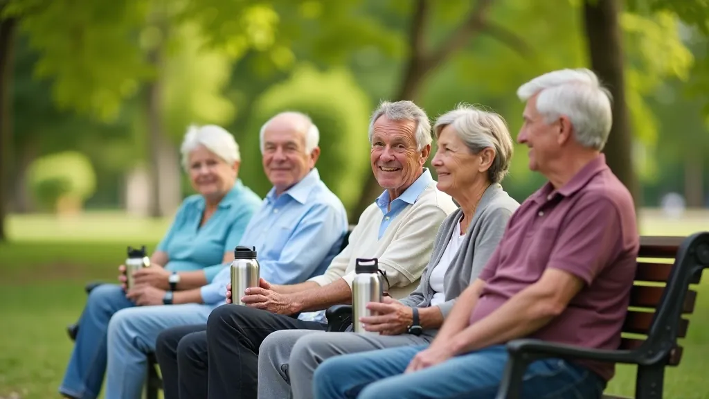 Senioru grupa sēž uz piknika solīņa parkā ar termosus un ūdens pudeles
