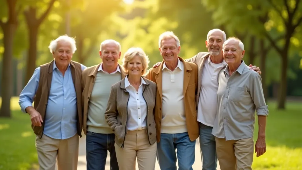 Senioru grupa stāv uz parka ceļa apkampa viens otru, priecīga mirklis