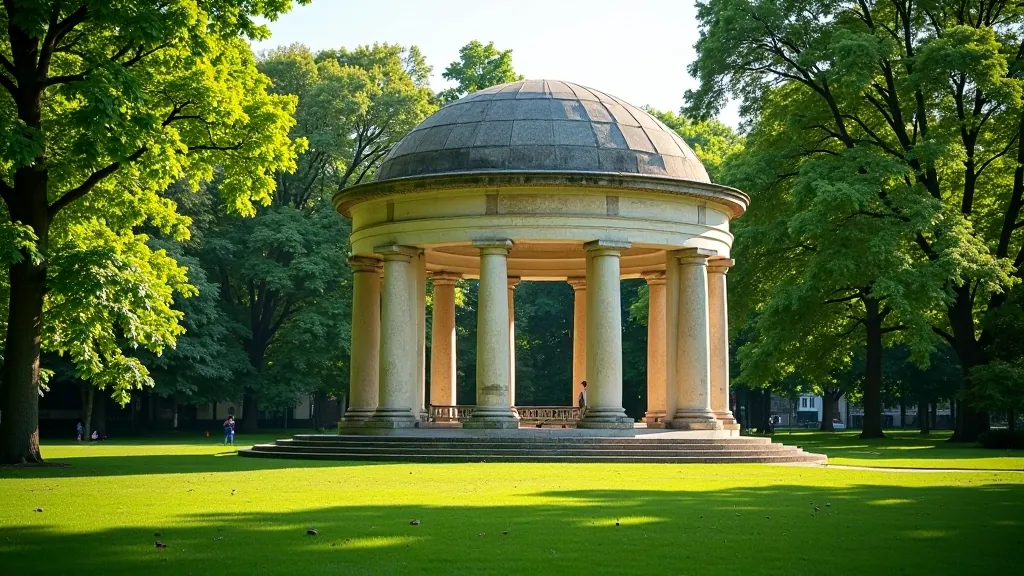 Vēsturiskais piemineklis parkā no 1920. gada ar klasisko arhitektūru, zaļi apstādīts fons
