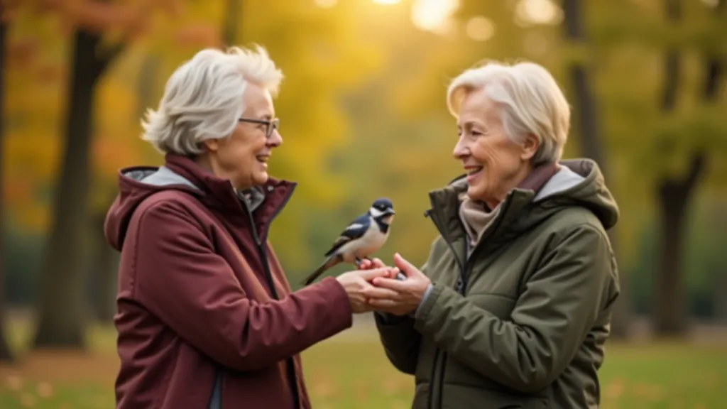 Seniori divas sievietes stāv uz parkā un skaita putnus, kuriem iedod graudus